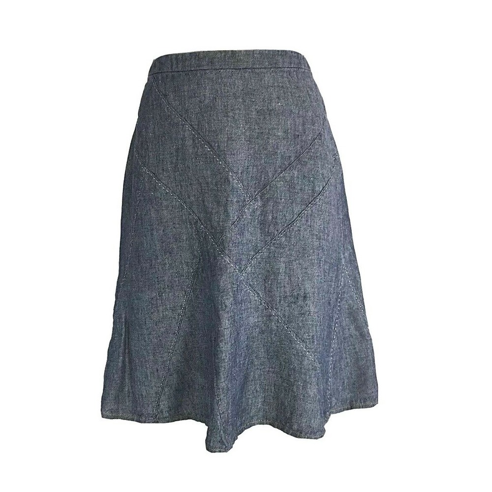 CAbi Skirt 4 Chambray Blue 100% Linen A Line White Stitch Washable Casual Career